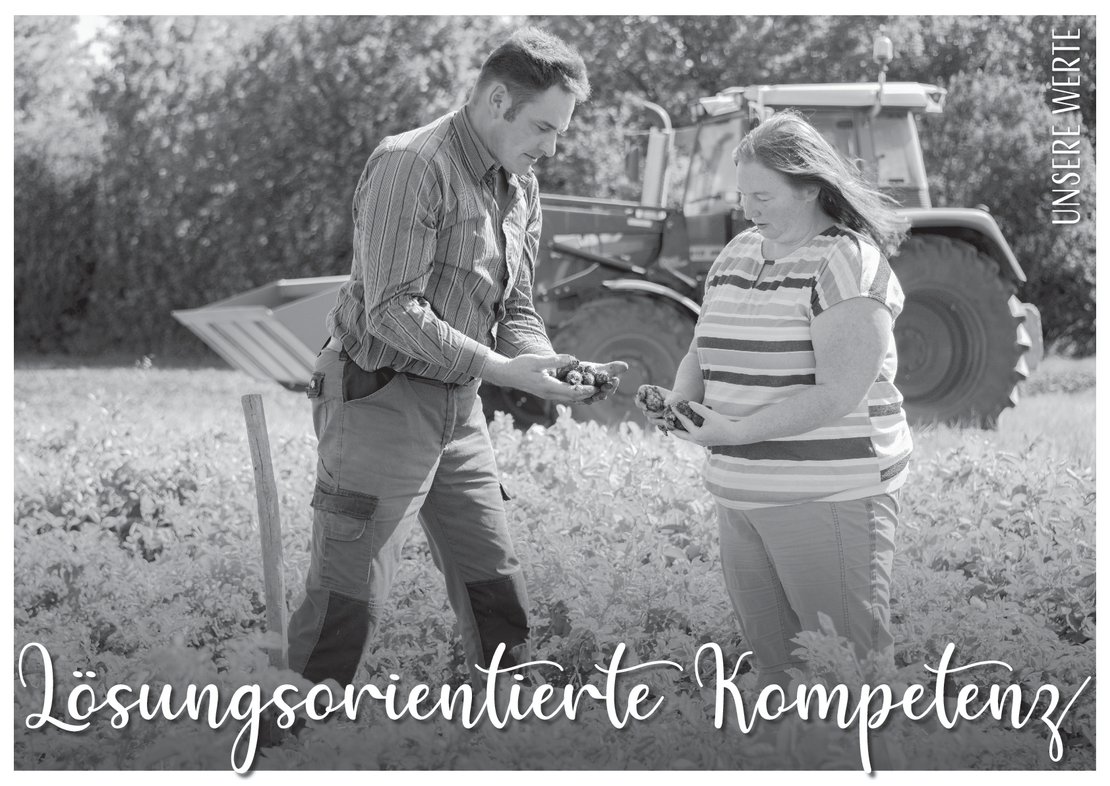 Erdäpfelbauer steht mit Beraterin im Feld, verkörpert den Wert lösungsorientierte Kompetenz der Landwirtschaftskammer Niederösterreich