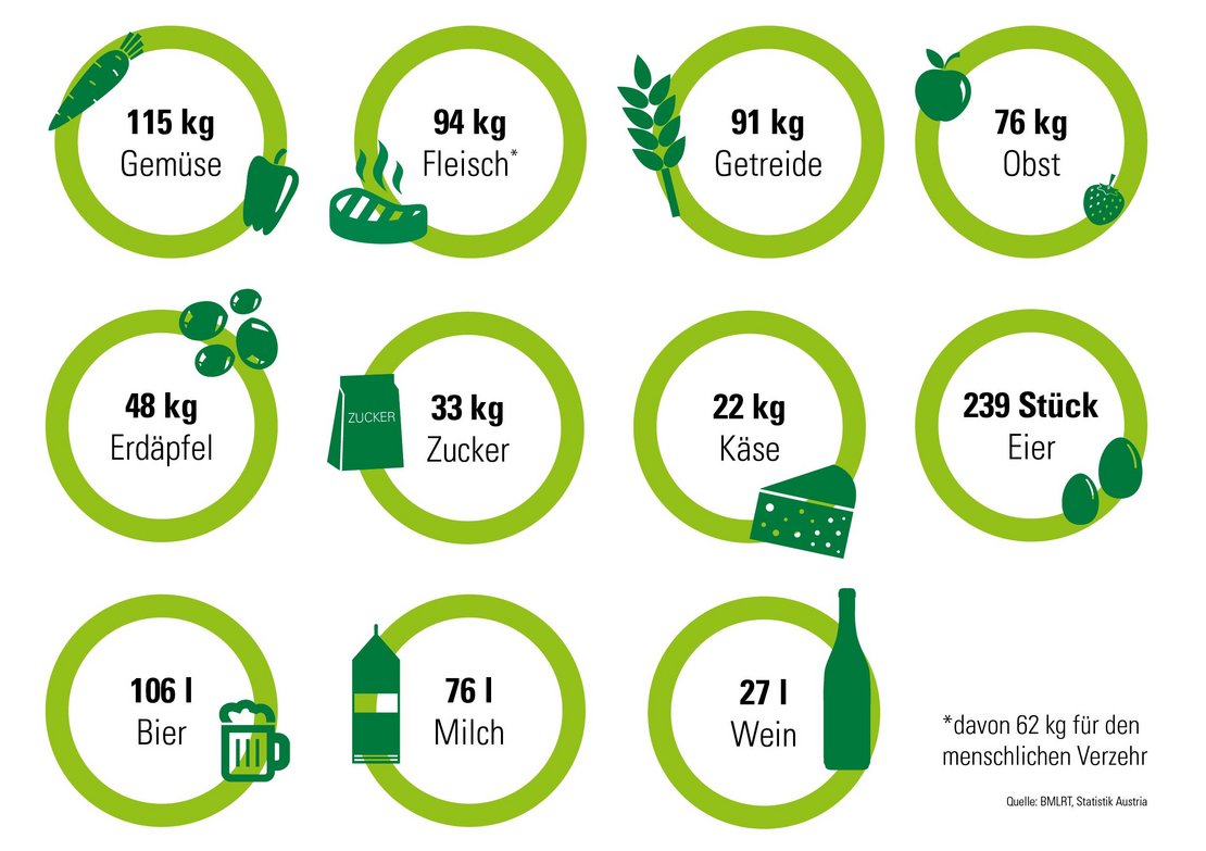 Infografik zu Eigenversorgung und Verbrauch pro Kopf pro Jahr in Österreich, mit den Erzeugnissen: Obst, Gemüse, Erdäpfel, Kartoffel, Weizen, Käse, Wein, Getreide, Fleisch, Milch, Eier, Zucker, Bier;